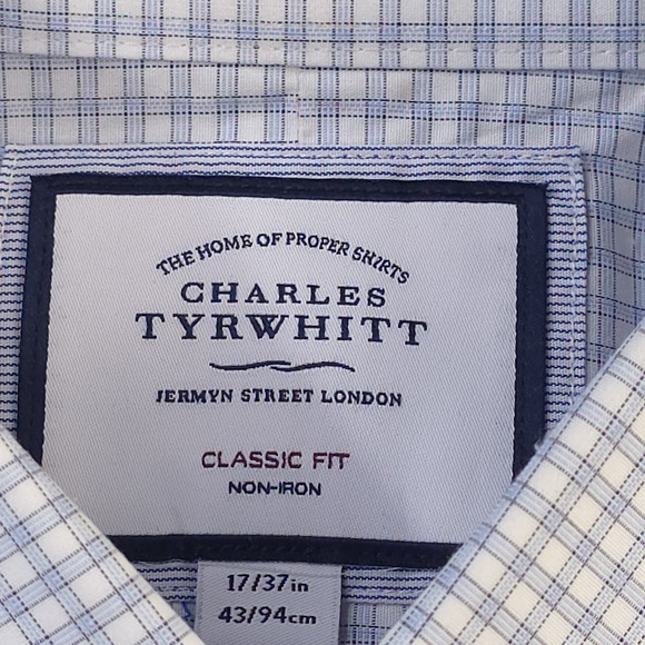 Charles Tyrwhitt Dress Shirt 17 37 Classic Fit Non Iron Blue Check Point Collar - Picture 4 of 9